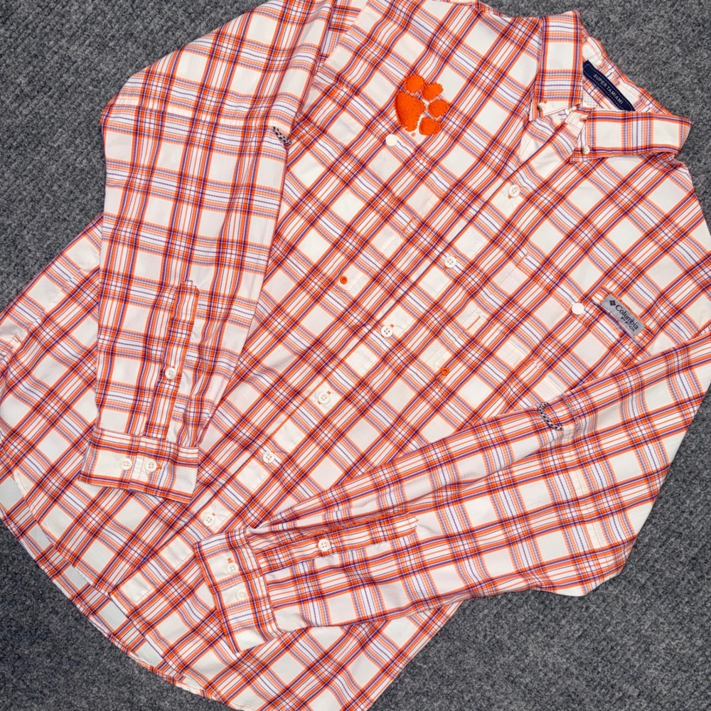 Clemson Columbia PFG Super Tamiami Tigers Fishing Shirt Mens Medium Orange Plaid